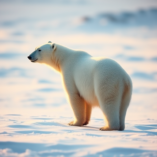 Create a realistic depiction of a polar bear standing side profile in a snowy landscape with soft diffused lighting using a DSLR camera, 50mm lens, aperture f/4 for a shallow depth of field, ISO 100 for high image quality, and a standard perspective view for clarity.