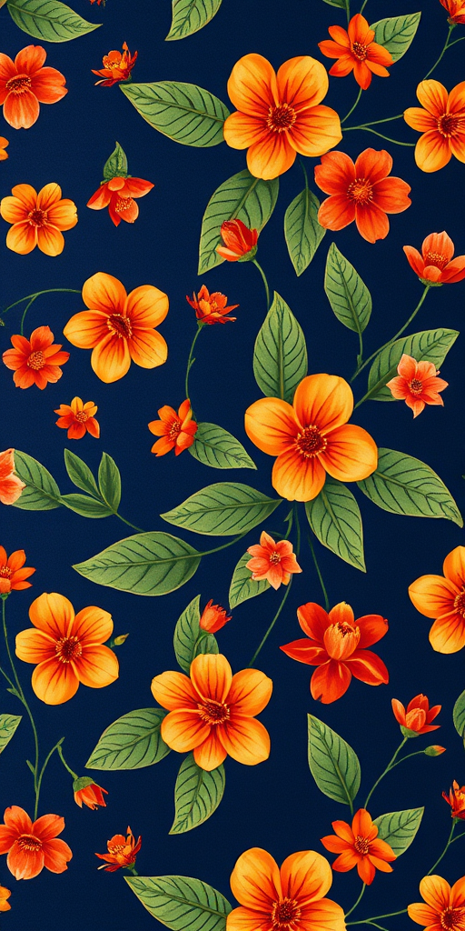 floral pattern with orange flowers and green leaves on a dark blue background, macro view, f/2.8 aperture, 1/100 sec shutter speed, ISO 200, DSLR camera, vibrant colors and sharp details