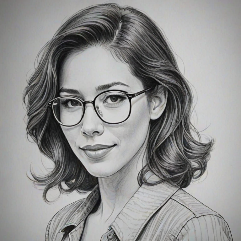 Enticing Michaela Conlin, pencil sketch, portrait of Comely woman 1946s in glasses, hair style beatnik, outline, clear lines, fine lines, 8k