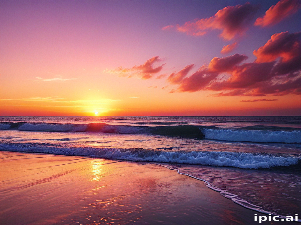 Serene Sunset Over the Ocean with Gentle Waves and Colorful Skies