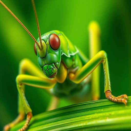 Generate a detailed illustration of a green grasshopper with exaggerated features, close-up view, using a DSLR camera with a 35mm lens, f/2.8 aperture, 1/250 sec shutter speed, and ISO 100, capturing vibrant colors and smooth textures.