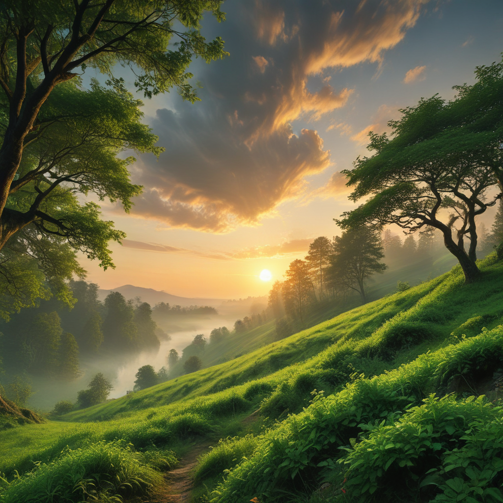 Serene Sunrise Over Lush Green Hills and Misty Valleys at Dawn