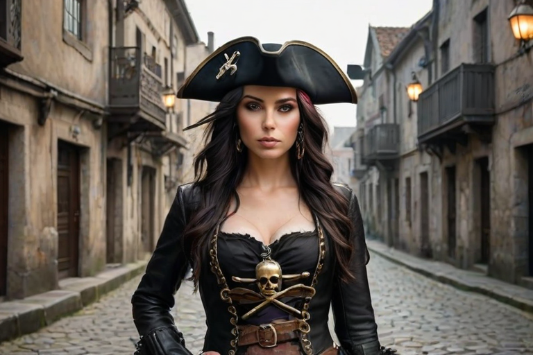 Create a portrait of a fierce female pirate. She wears a leather tricorn hat adorned with a skull and crossbones emblem, and her long, dark hair flows around her face. Her outfit consists of a richly detailed leather jacket, a corset, and multiple layers of belts and accessories, giving her a formidable and stylish appearance. She stands confidently in a dimly lit, historic port town, with a backdrop of weathered buildings and cobblestone streets, capturing the adventurous spirit of a pirate.