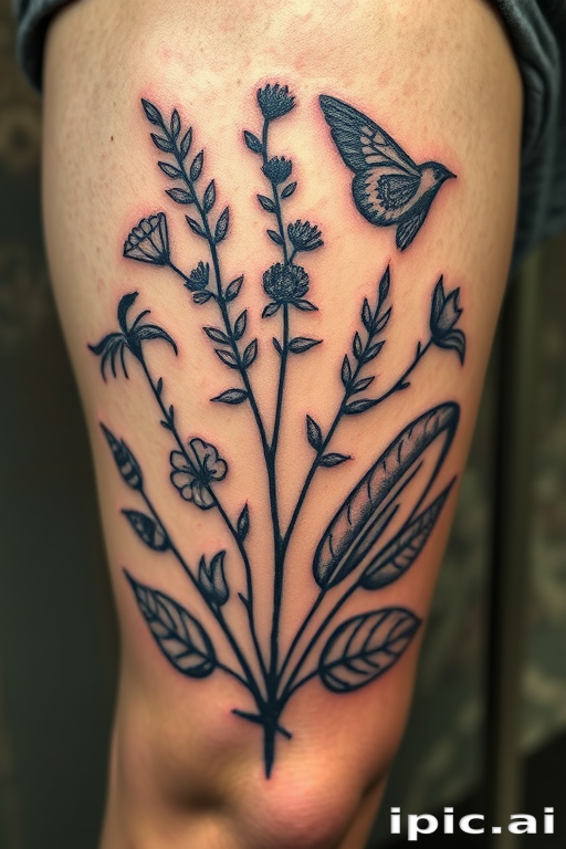 Rustic woodcut-inspired tattoo named "Nature's Wisdom" featuring detailed illustrations of native flora and fauna with a weathered, engraved appearance, symbolizing a connection to the natural world on the thigh