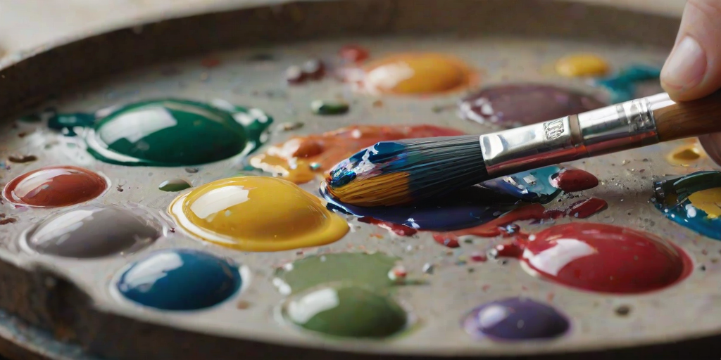 Sharp close-up of an artist's palette, vibrant blobs of oil paint blending into each other, with a hand holding a paintbrush mid-mix, soft natural light highlighting the textures.