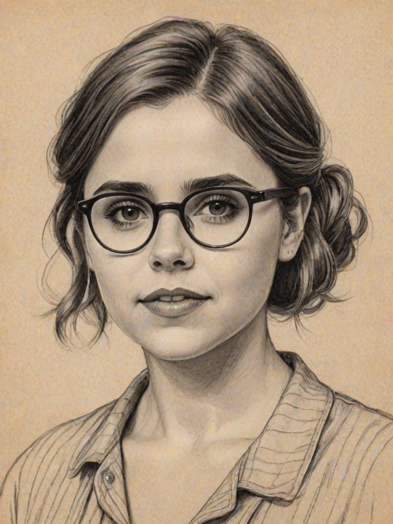 Delightful Mae Whitman, pencil sketch, portrait of Ravishing woman 1921s in glasses, hair style beatnik, outline, clear lines, fine lines, 8k