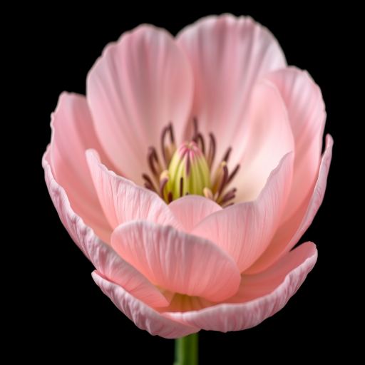 Close-up of a pale pink ranunculus flower against a dark background, shot with a macro lens at f/2.8, 1/125s, ISO 100, using a full-frame DSLR with soft diffused lighting to enhance details and color depth.