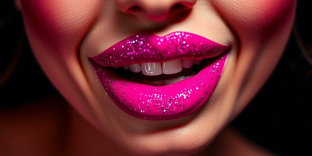 Vibrant fuchsia lips adorned with glitter accents, creating a bold and playful look, photographed in dramatic lighting to emphasize the sparkle and shine