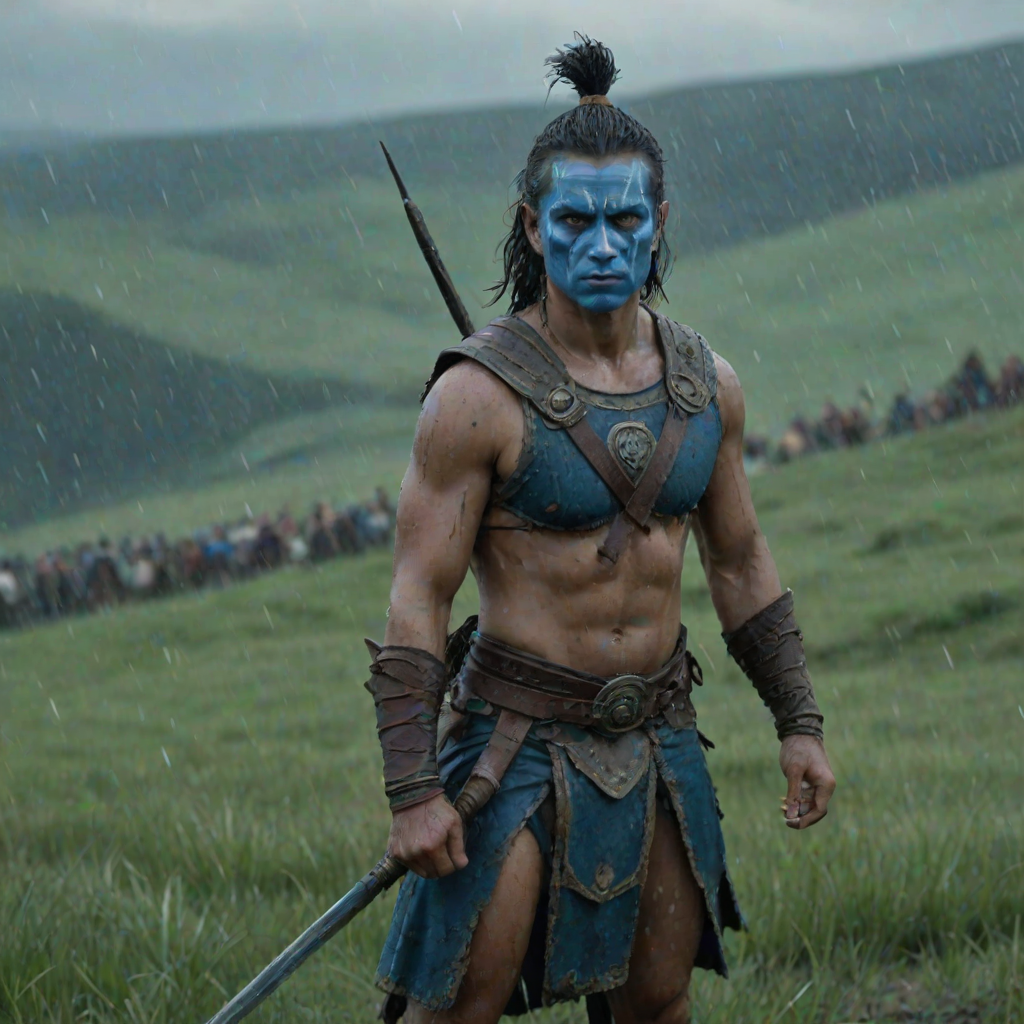Generate an ultra-realistic and highly detailed photograph of a "brave heart" warrior. he's standing still, looking menacingly at the camera. He has face paint in shades of blue. He's standing on a green hill. Rain. The background is a blurred image of a battlefield. 4k. UHD