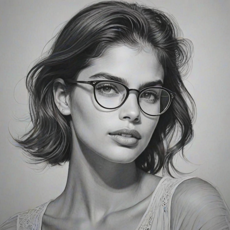 Radiant Sara Sampaio, pencil sketch, portrait of Comely woman 1934s in glasses, hair style beatnik, outline, clear lines, fine lines, 8k