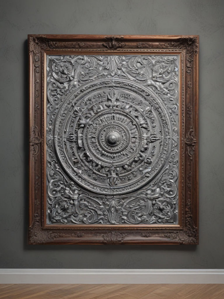 Intricate Silver Medallion Artwork Framed in Ornate Wooden Frame on Wall