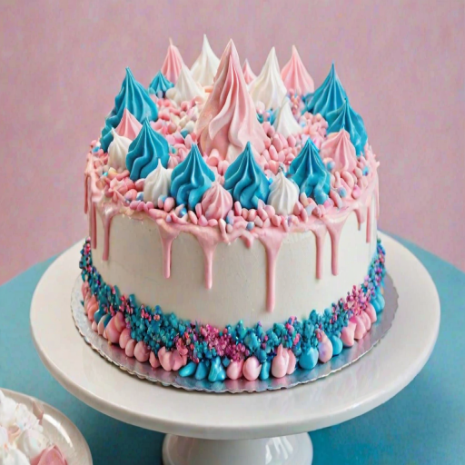 Create an image of a round cake with a smooth white frosting base. The top should be covered in glossy dark chocolate ganache, with colorful meringue peaks in pink, blue, and white arranged decoratively. Add a sprinkle of colorful edible glitter on top for a festive touch. The cake should be displayed on a simple white cake stand against a soft pastel background.