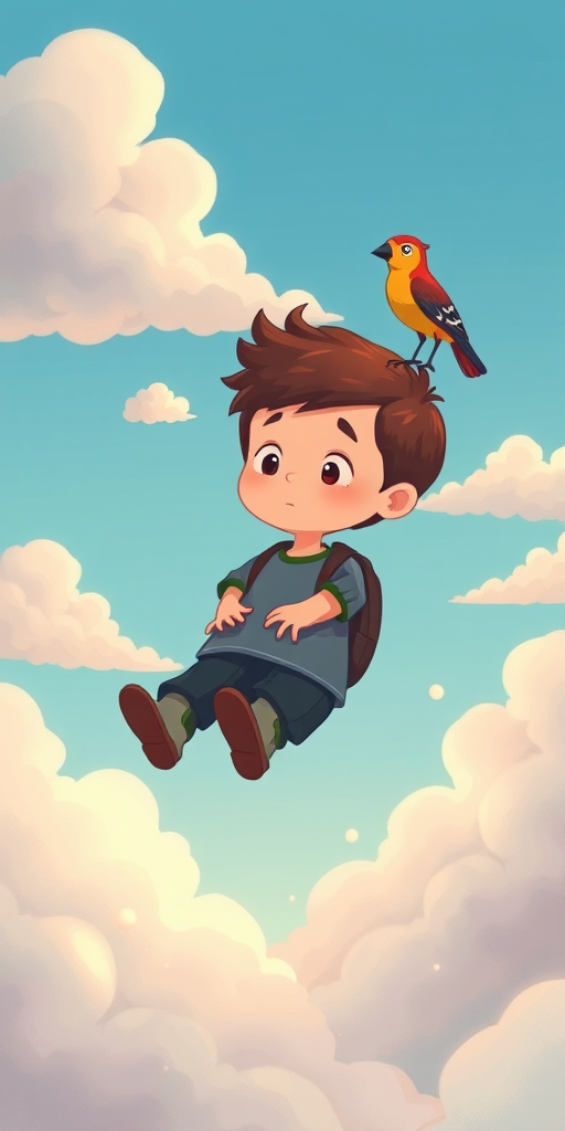 Create an illustration of a boy floating in the sky with a bird perched on his back, surrounded by stylized clouds, using a DSLR camera with a 50mm lens at f/1.8, ISO 200, in a vibrant cartoon style with a soft color palette.