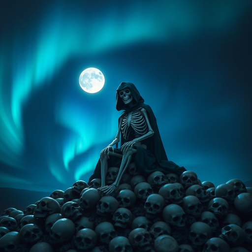 Create a digital artwork of a skeletal figure dressed in a dark hooded robe, sitting atop a mound of skulls under a moonlit sky illuminated by vibrant auroras, using a DSLR camera with a 50mm lens at f/1.8, ISO 100, shooting in low light with a dramatic angle and soft focus to enhance details.