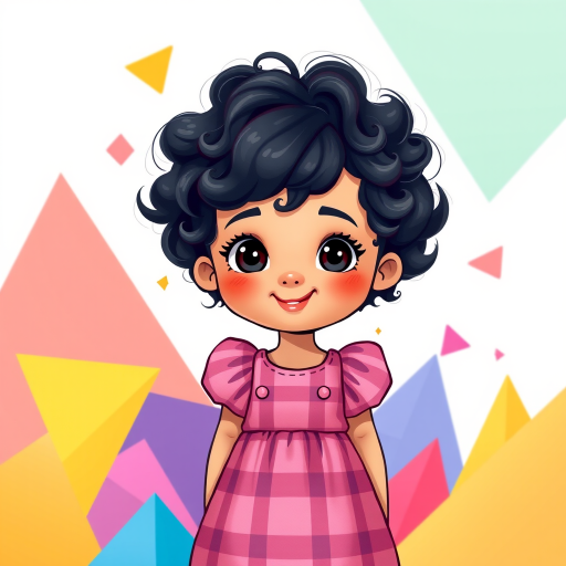 Create an illustration of a cartoon child with curly black hair and an expressive face, wearing a checked pink dress, surrounded by colorful geometric shapes, using a Canon EOS R5 with a 50mm f/1.2 lens, at f/2.8 aperture, ISO 100, in vibrant colors and a soft focus style.