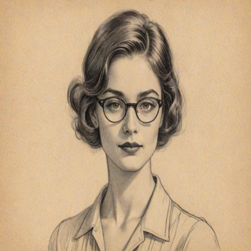 Enchanting Emily Robinson, pencil sketch, portrait of Resplendent woman 1928s in glasses, hair style beatnik, outline, clear lines, fine lines, 8k