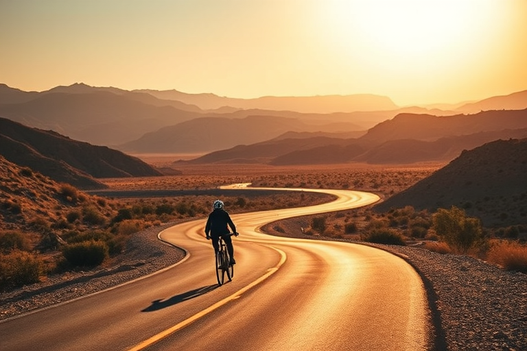 a lone cyclist riding on a winding road through a dramatic desert landscape with layered hills in the background captured in golden hour lighting, settings: ISO 100, aperture f/4, shutter speed 1/500s, camera view: wide angle, camera style: high contrast, camera type: DSLR
