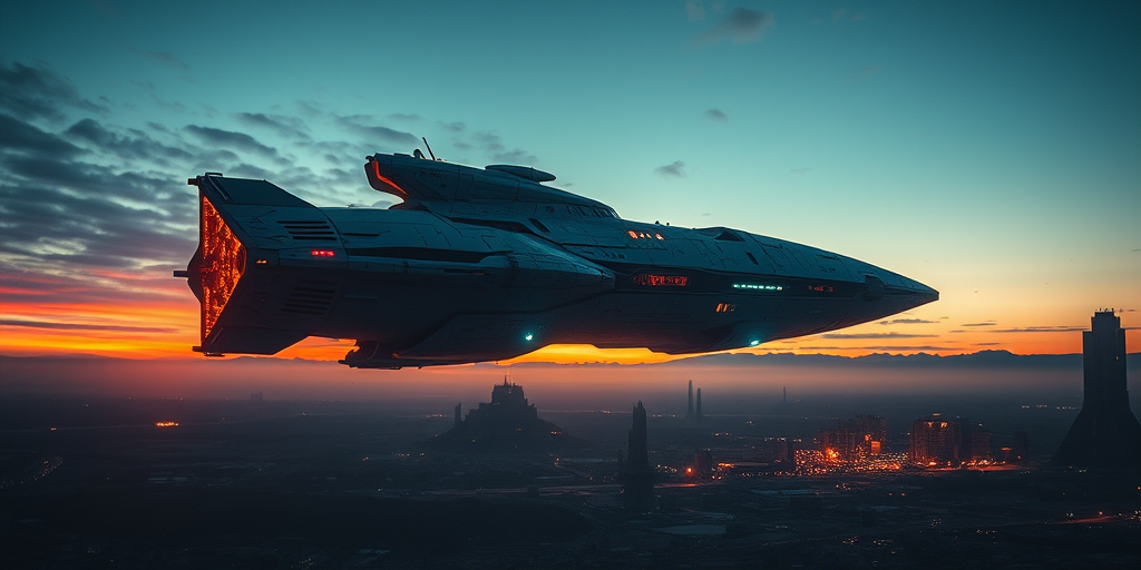 futuristic spaceship hovering over a dystopian landscape at sunset, intricate details and glowing elements, shot with a Canon EOS R5, 24mm lens, f/2.8, ISO 100, HDR style, soft focus for depth enhancement, wide-angle view