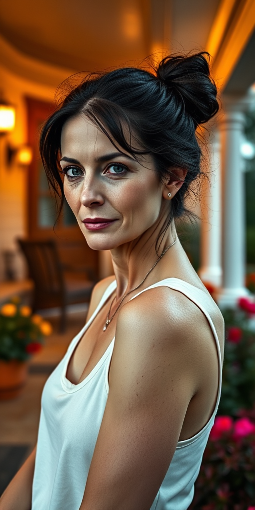 A photo of Tilda Swinton with a background of a cozy porch. She has dark hair pulled back in an updo, with tendrils framing her face. She wears a white tank top and sits on the porch. The porch is part of a well-lit home with a warm, earthy tone and colorful flowers and foliage. The overall scene has a warm, welcoming, and comfortable ambiance.