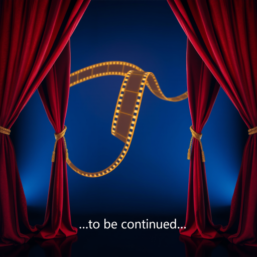 create an image of a cinematic scene featuring a pair of red velvet curtains elegantly drawn to the sides revealing a deep blue background with a golden film strip winding through the center, text at the bottom reading "...to be continued...", captured with a DSLR camera at f/2.8, ISO 100, and a 35mm lens in portrait view, using a soft focus style to enhance the dramatic effect