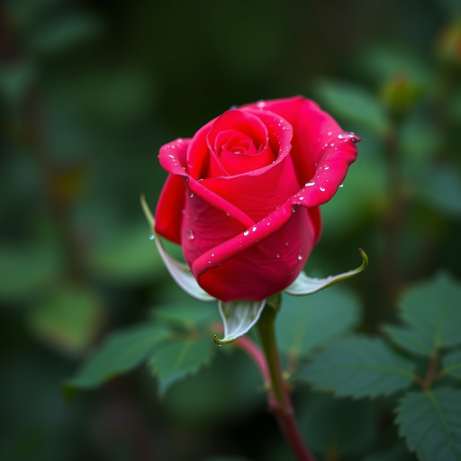 Create an image of a single rose with dew drops on its petals. The rose should be in full bloom and the background should be blurred with a hint of greenery. The rose should be captured from a side angle, showcasing its vibrant color and intricate petal structure.