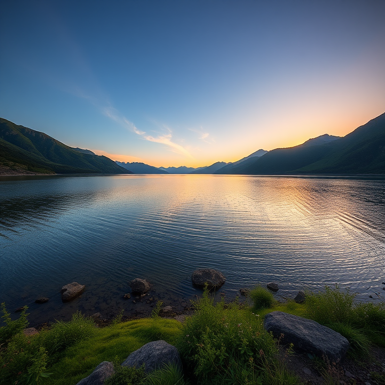 Create a high-resolution image of a serene landscape featuring a calm lake surrounded by lush green mountains at sunset, captured with a Canon EOS R5, 24mm lens, f/8 aperture, ISO 100, and a wide-angle view.
