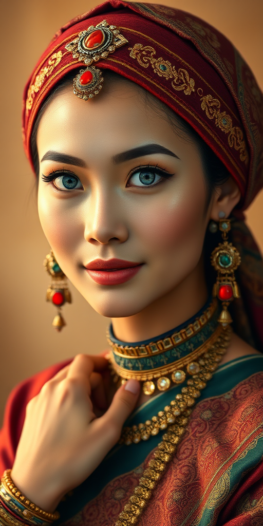 Create a portrait of a beautiful Thai woman with striking blue eyes and a gentle expression. She is adorned in traditional attire with intricate patterns, including a richly embroidered headscarf and matching garments. Her jewelry includes a delicate headpiece, dangling earrings, and ornate bracelets, all featuring vibrant gemstones and detailed metalwork. The background is soft and warm, enhancing the rich colors of her outfit and jewelry.