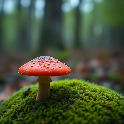A vibrant red toadstool mushroom on a mossy ground with a blurred forest background, shot with a Canon EOS 5D Mark IV at f/2.8, 1/125 sec, ISO 100, using a 50mm lens in a shallow depth of field.