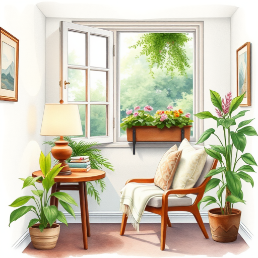 Create a serene watercolor illustration of a cozy corner with a chair and soft cushions, a lamp on a wooden side table with books, surrounded by lush green plants and a flowering window box; use natural light, f-stop 5.6 for depth of field, ISO 200 for clarity, and a 35mm lens for a wide-angle view.