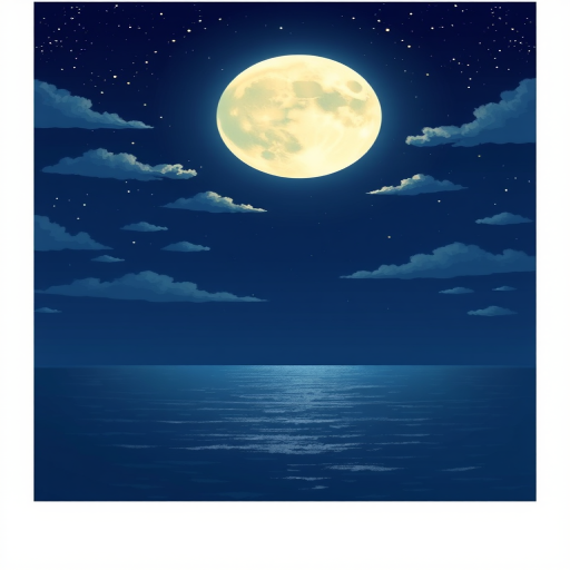 Create an illustration of a serene night scene with a large, bright full moon reflecting on a calm ocean, deep blue sky with scattered clouds, and twinkling stars, captured with a DSLR camera, ISO 100, aperture f/8, shutter speed 1/60s, using a wide-angle lens for a panoramic view.