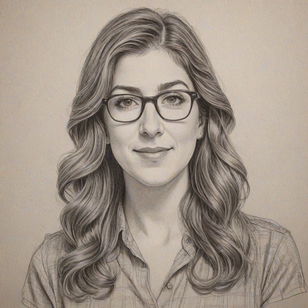 Elegant Mayim Bialik, pencil sketch, portrait of Radiant woman 1973s in glasses, hair style beatnik, outline, clear lines, fine lines, 8k