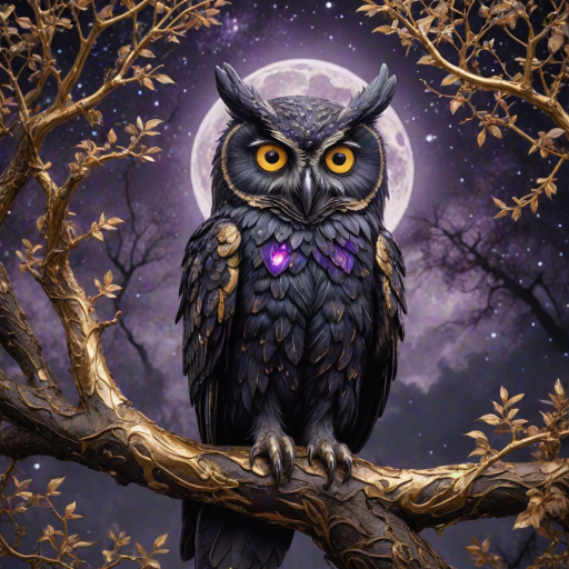obsidian stone owl on a lush ral-frctlgmtry tree, very detailed eyes, full moon and stars in the sky, purple hues, dreamlike, glowing edges, mystical, high contrast, ethereal light, gold leaf