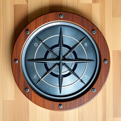 Generate a high-resolution illustration of a circular emblem with a wooden border and a metallic center featuring a crosshair design, using a Canon EOS 5D Mark IV camera with an aperture of f/8, ISO 100, 35mm lens, lighting set to soft diffused, and a top-down view for enhanced details.