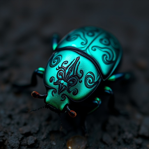 macro photograph of a metallic turquoise beetle with intricate designs on a dark, textured background, f/2.8 aperture, 1/125s shutter speed, ISO 200, 100mm lens, soft natural lighting, DSLR camera