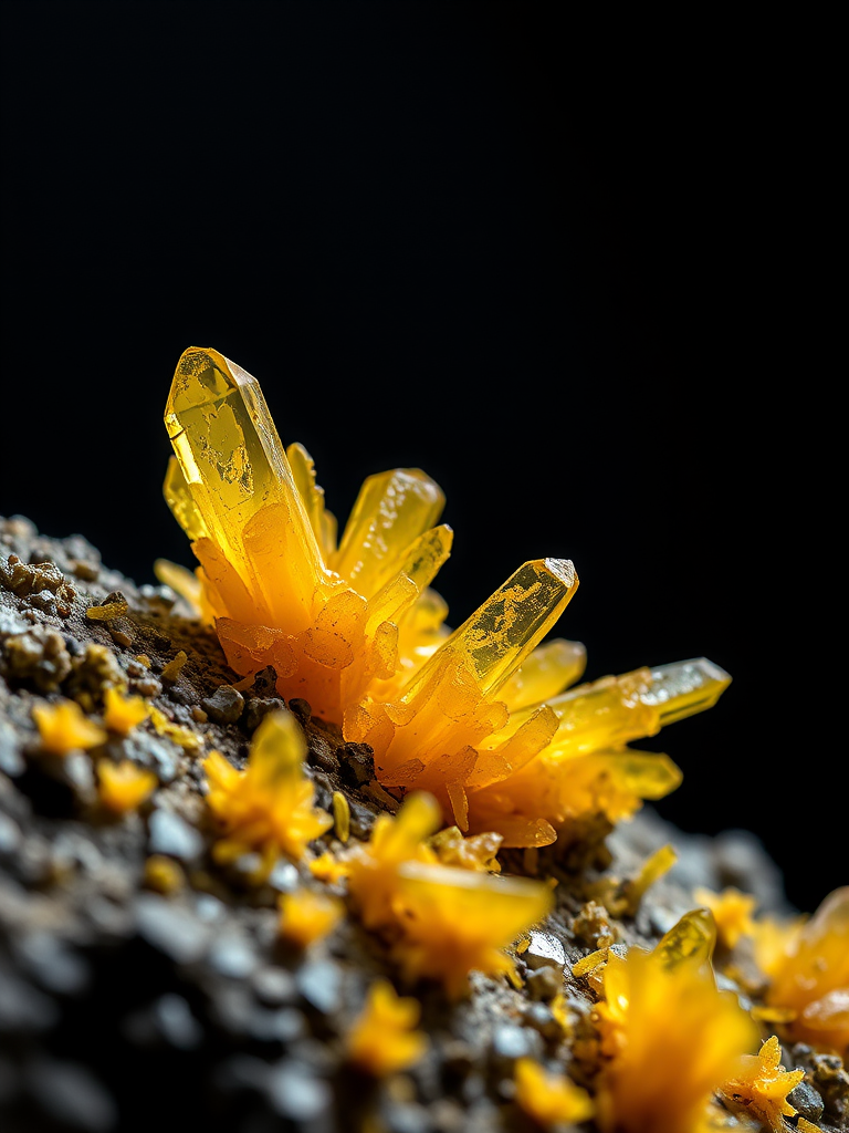 Capture a detailed macro shot of vibrant yellow crystals on a mineral surface, using a Canon EOS R5 with a 100mm macro lens, aperture f/2.8, ISO 100, shutter speed 1/200 sec, soft diffused lighting from above, shallow depth of field to emphasize the sharp details of the crystals against a blurred dark background.