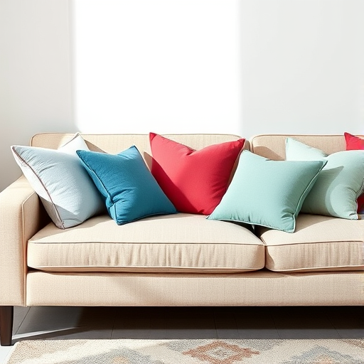 a stylish modern couch with a variety of colorful pillows, soft textures, bright lighting, taken with a DSLR camera with a 50mm lens, aperture set to f/2.8 for a shallow depth of field, in a well-lit room with soft shadows, high resolution, vibrant colors
