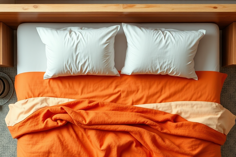 Regenerate the image of a simplified bed with two pillows and an orange blanket using a high-resolution digital camera, 50mm lens, f/2.8 aperture, 1/100s shutter speed, top-down view, with soft lighting to enhance details and colors.