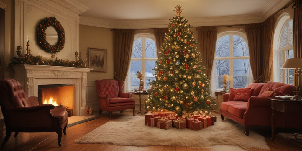 A Cozy Christmas Living Room Decorated with a Beautiful Tree and Gifts.