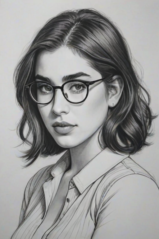 Magnificent Lauren Jauregui, pencil sketch, portrait of Attractive woman 1927s in glasses, hair style beatnik, outline, clear lines, fine lines, 8k
