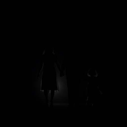 Create a minimalist silhouette of a family holding hands, featuring a mother in a dress, a father, a son, and a daughter, set against a solid black background, using a Canon EOS 5D Mark IV with a 50mm lens, f/1.8 aperture, ISO 100, and a shallow depth of field to enhance the outlines and contrast.