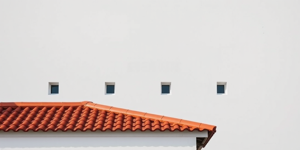 a minimalist photograph of a red-tiled roof against a plain white wall with three small windows, shot with a Canon EOS R5, 50mm lens, aperture f/2.8, ISO 100, soft natural light, high dynamic range, centered composition