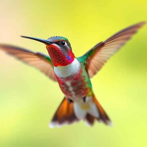 A clear close-up of a vibrant hummingbird in mid-flight, focusing on its colorful feathers and wings, with a shallow depth of field to create a blurred background; camera settings: ISO 800, f/2.8, 1/1000 sec; camera view: eye level; camera style: macro photography; camera type: DSLR.