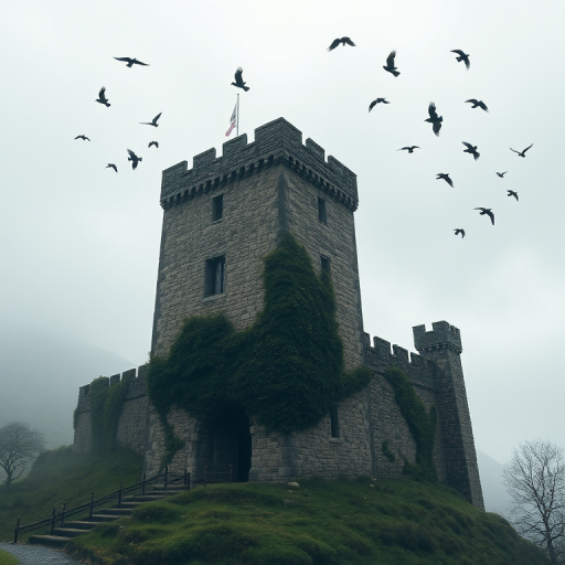 Aged stone castle standing tall on a misty hill, ivy creeping up the ancient walls, and crows circling overhead in the cloudy sky.