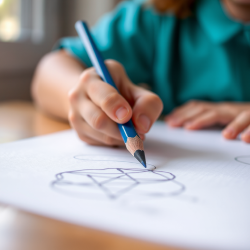 Create an image of a child drawing with a blue pencil on a sheet of paper, close-up shot, using a 50mm lens, aperture f/1.8, ISO 200, natural light from a window, depth of field focused on the hand and pencil.