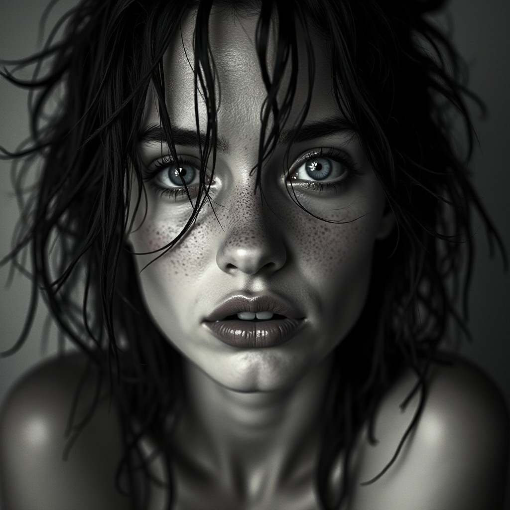 a striking portrait in the style of black-and-white photography, dramatic high-contrast lighting eloquently tracing the intricate details of hand-drawn pen strokes, a beautiful Nordic woman tousled hair and shining, focus on blue eyes and red lips, radiating with intensity portrait that highlights her dark , wet, . The monochromatic statement features her pale skin colored by tiny beads of sweat and water droplets, showcasing a hyper-detailed composition that focuses entirely on her unforgettable face. The stylized composition basks in atmosphere and mystery, created by the powerful, piercing gaze of the water-driven Nordic woman as she commands an intense and mesmerizing aura within the limited frame. Composed to evoke a sense of nostalgic wonder, this portrait perfectly captures the essence of a bygone era.
