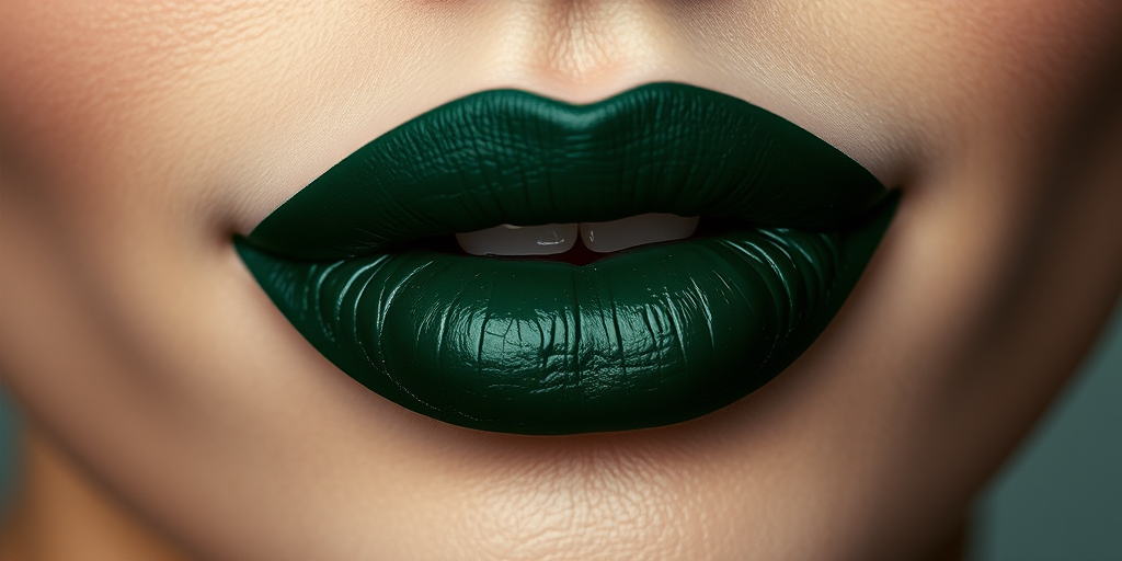 Deep forest green lip stain with a matte finish offers an avant-garde aesthetic, accentuating the lips' natural shape and texture in an unconventional hue