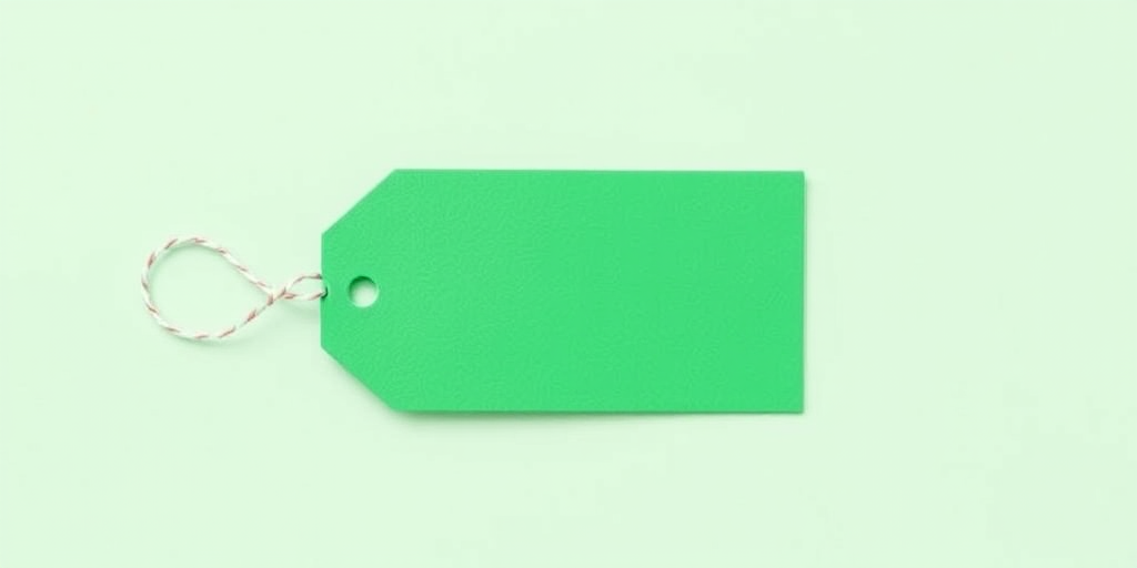 Create a high-resolution image of a blank green price tag with a sleek design, using a DSLR camera with a 50mm lens at f/2.8 aperture, ISO 100, 1/200s shutter speed, in a soft natural light setting, focused centrally in a minimalistic style.