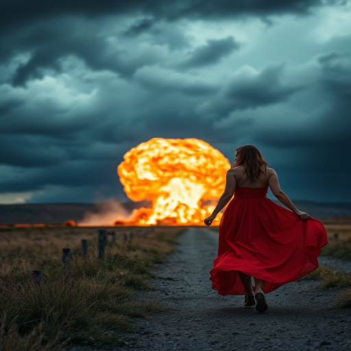 Create a dramatic scene featuring a woman in a flowing red dress walking towards a fiery explosion under a stormy sky, shot with a Canon EOS R5 at f/1.4, ISO 100, 50mm lens, using a cinematic style with high contrast and vivid colors.