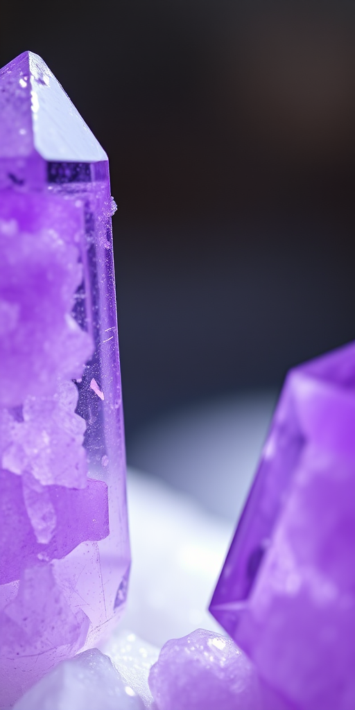 Create a high-resolution image of two purple crystals, using a macro lens, 50mm focal length, f/2.8 aperture, natural lighting, and a soft focus background to enhance detail and clarity.
