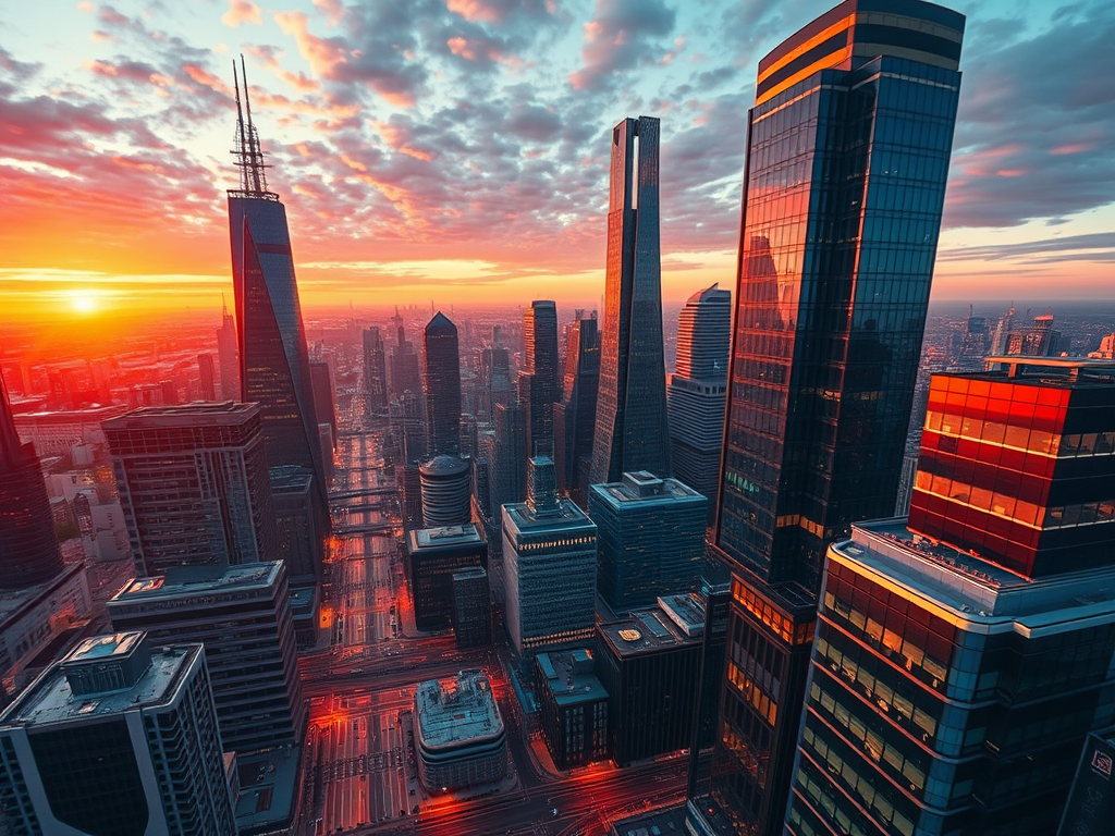 Create a detailed, high-resolution illustration of a futuristic city skyline at sunset, with vibrant colors reflecting off glass buildings, using a Canon EOS R5, 24mm lens, f/8 aperture, ISO 100, 1/50 sec exposure, shot from a bird's-eye view for a dynamic perspective.